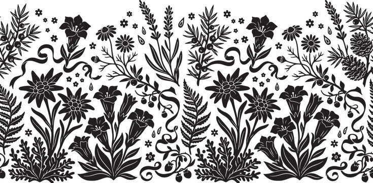 Vintage alpine floral seamless border vector, black and white edelweiss and gentian wildflower pattern, botanical meadow silhouette illustration