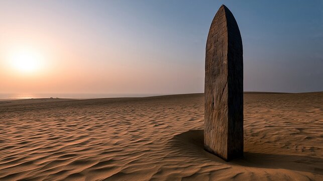 Old weathered wooden standing monolith stands on sand dune in desert by ocean during warm sunset shows minimalist natural landscape art and solitude concept