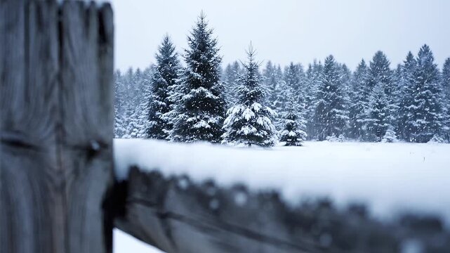 Cinematic close-up of snow on a rustic wooden fence in a winter forest with evergreen trees