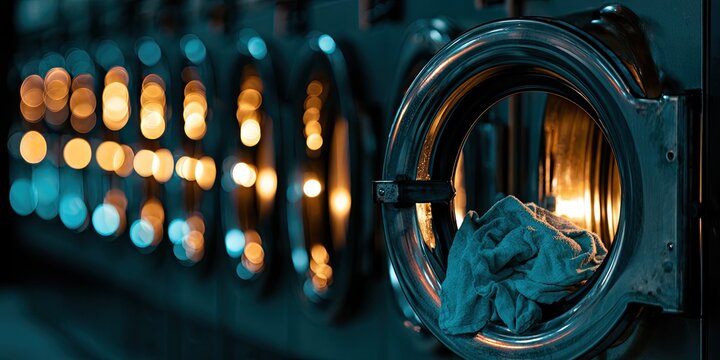 Close-up of a washing machine drum with clothes inside, illuminated by warm lights.