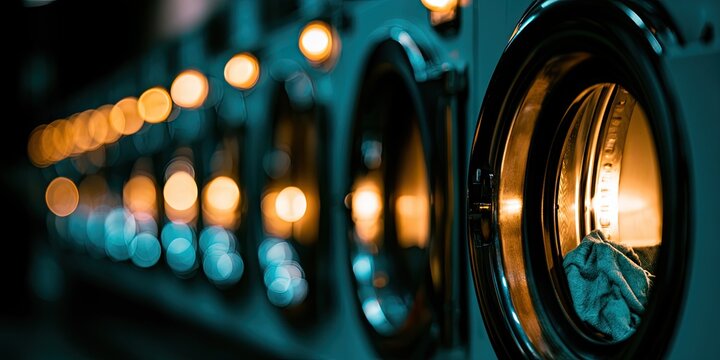Row of illuminated washing machines in a laundromat at night.