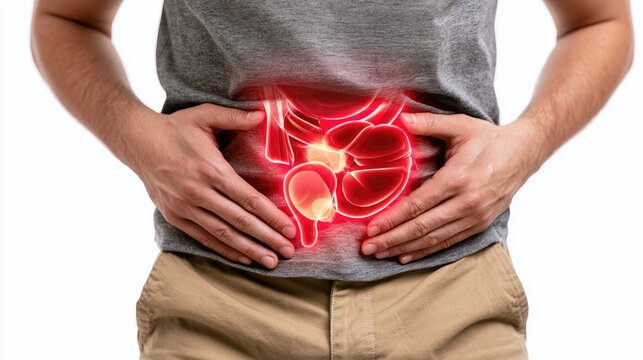 Man Holding Abdomen Showing Glowing Red Intestines Indicating Pain.
