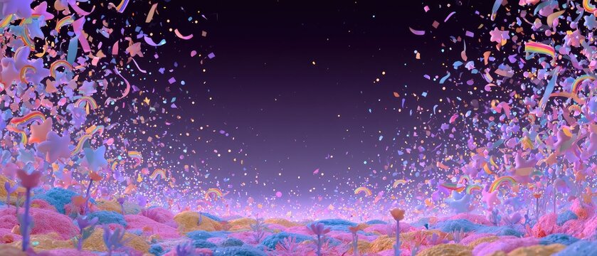 Abstract Swirling Confetti and Particles in a Dreamy Purple and Pink Nebula.