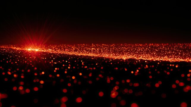 Abstract Glowing Red Particles Flowing Across Dark Background.