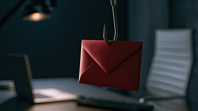 Phishing Email Concept Red Envelope on Fishing Hook.