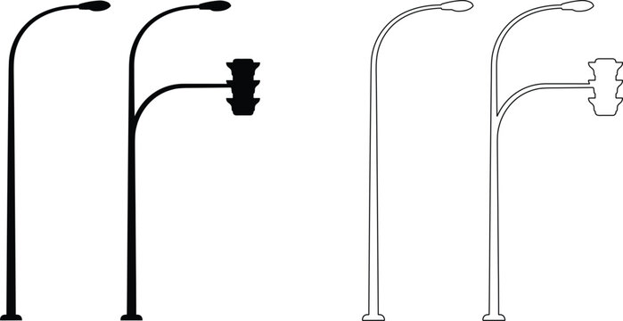 Set of modern street light poles with traffic signal designs in silhouette and outline streetlight infrastructure silhouette collection lighting standard