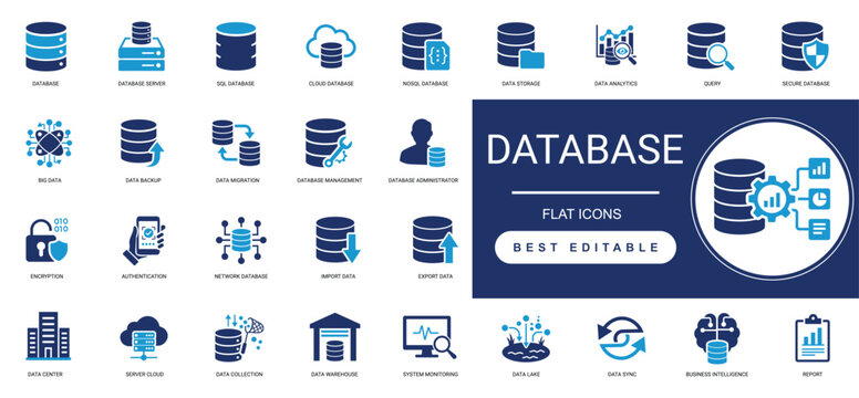 Database and Data Center solid icon set featuring SQL, cloud database, big data, data storage, security, and analytics. Editable vector illustration.