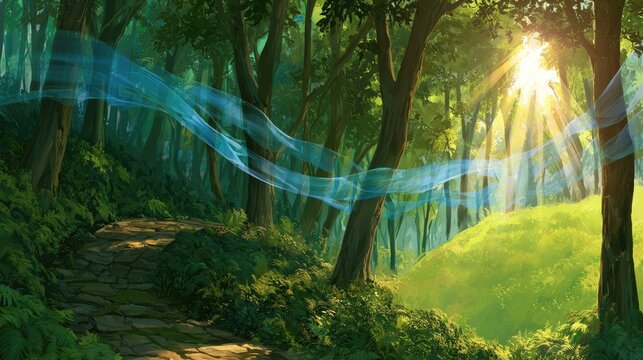 Enchanting Forest Path Bathed in Golden Sunlight Rays.