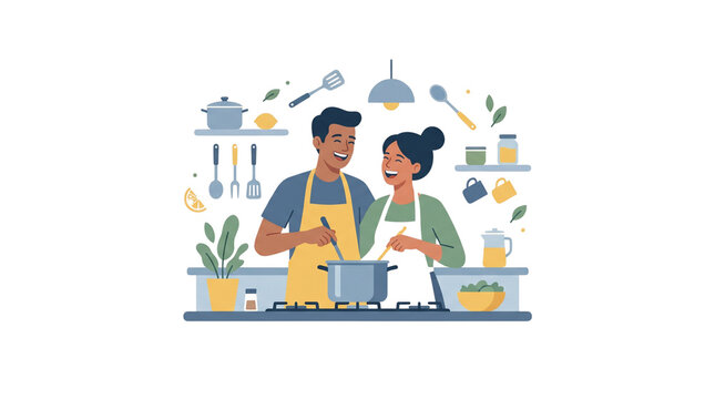 Couple cooking together in a modern kitchen enjoying a shared meal preparation activity.