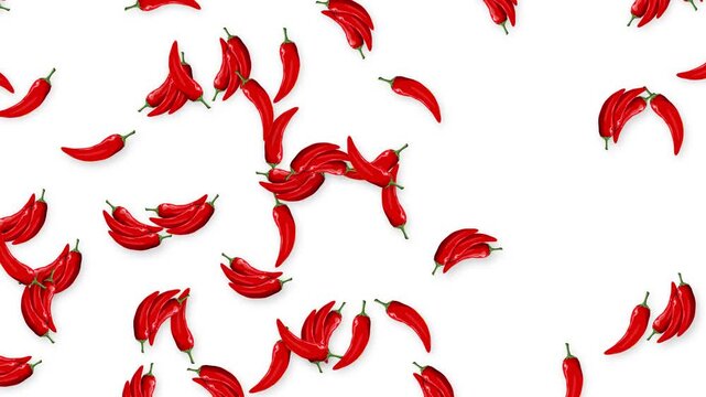 Red Chili Peppers Falling Downward Against a Solid White Background
