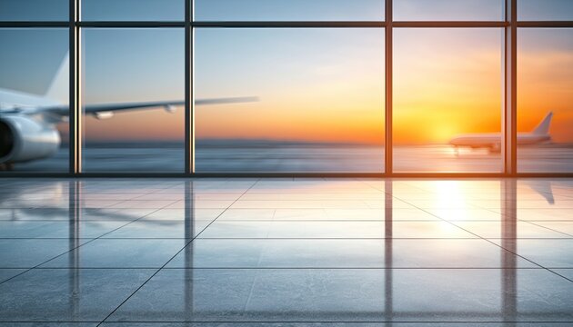 Airplane waiting at airport gate during sunset with reflections on floor.