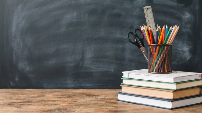 School and office supplies on classroom table
