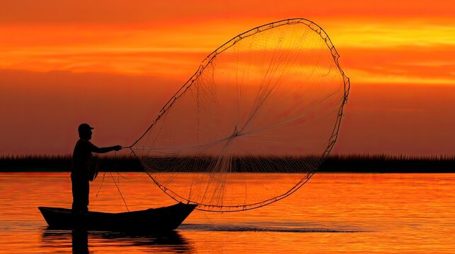 Silhouette of a Fisherman Casting a Net at Sunset Over the Water.