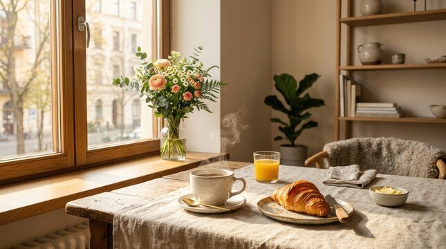 Steaming morning coffee with fresh croissant, orange juice, and beautiful flowers on linen tablecloth by window