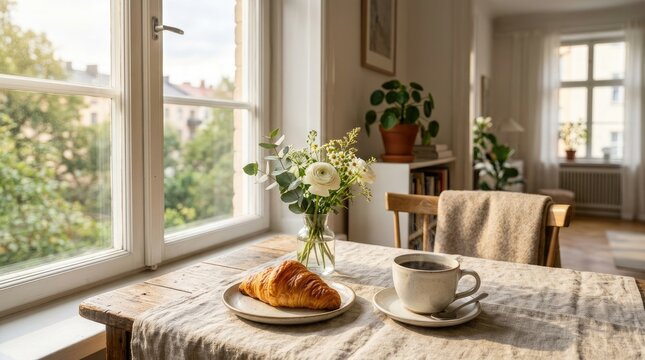 Black coffee and butter croissant on linen tablecloth with white flowers by a bright sunny window
