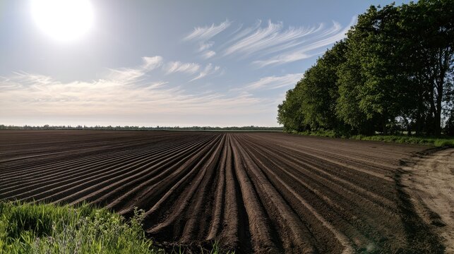 Vast Plowed Field Under Bright Sunny Sky with Row of Trees.