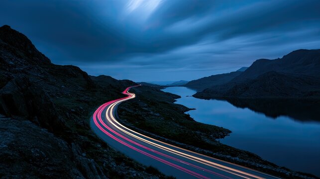 Long Exposure Night Road Through Mountains Beside Lake.