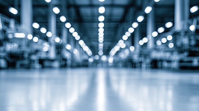 Modern Industrial Warehouse Interior with Rows of Lights.