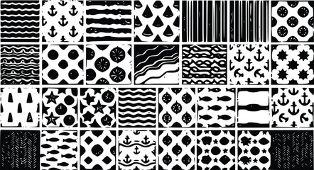 Set of black and white nautical patterns with anchors fish stripes and wave shapes for creative design projects and decorative backgrounds © Arun