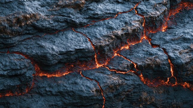 Close-up of glowing lava cracks in dark volcanic rock texture.