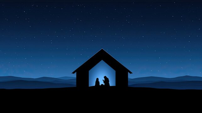 Nativity Scene Silhouette Under Starry Night Sky.