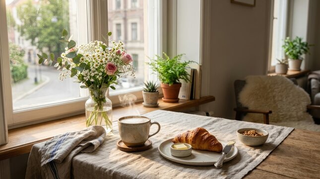 Hot coffee latte and fresh croissant with butter on cozy linen table setting next to flower vase by window