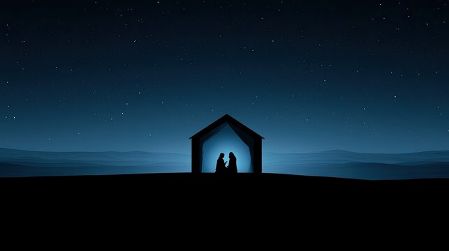 Silhouette of a Nativity Scene in a Stable Under a Starry Night Sky.