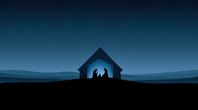 Nativity Scene Silhouette Under Starry Night Sky.