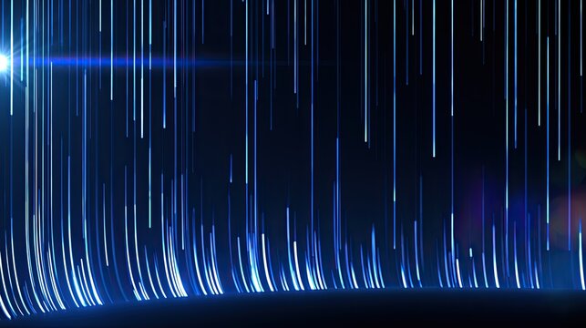 Abstract Blue Light Streaks Falling Downwards on Dark Background.