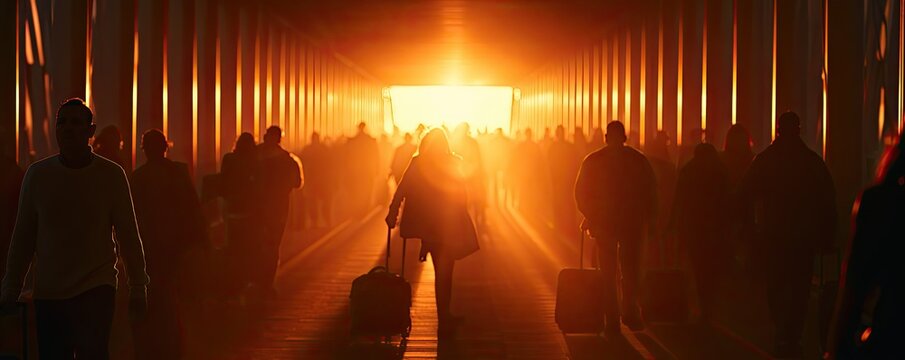 Silhouetted figures walk towards a bright, glowing light at the end of a corridor.