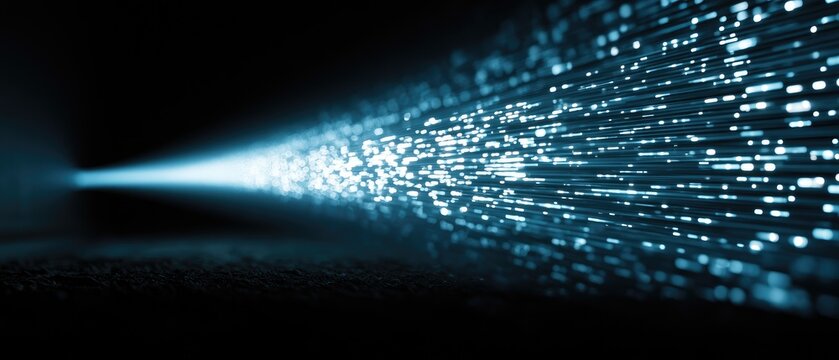 Abstract Blue Light Streaks and Particles Flowing in Darkness.
