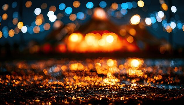 Abstract Bokeh Lights Reflecting on Wet Surface at Night.