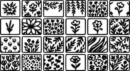 Set of hand drawn floral and botanical square icons with black ink sketches of flowers leaves and plants in a decorative grid collection © Arun
