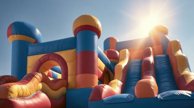 Vibrant Inflatable Bounce House Castle with Slide Under Sunny Sky.
