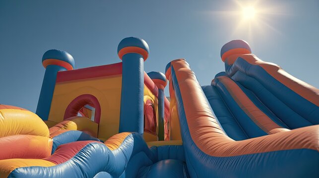 Vibrant inflatable castle bounce house with slide under sunny sky.
