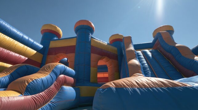 Vibrant inflatable bounce house castle with slides under a clear blue sky.