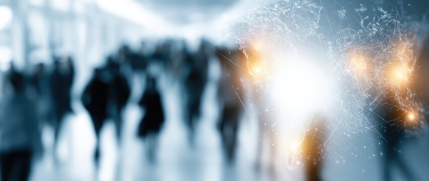 Blurred silhouettes of people walking in a bright, modern, futuristic environment with glowing lights.