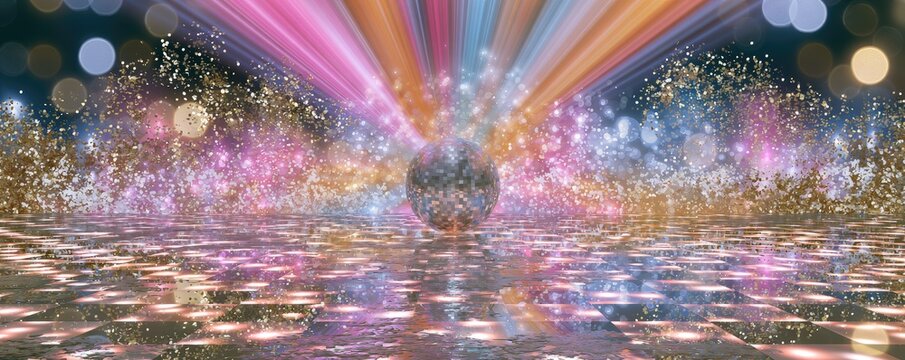 Vibrant Disco Ball Illuminating a Futuristic Dance Floor with Colorful Light Beams.