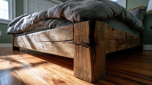 Rustic Reclaimed Wood Bed Frame with Cozy Duvet on Hardwood Floor.