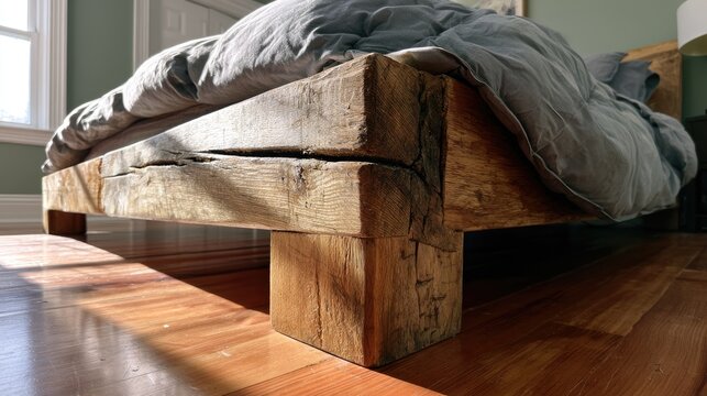 Rustic Wooden Bed Frame with Cozy Blanket in Sunlight.