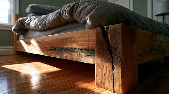 Rustic Wooden Bed Frame with Sunlight Streaming In.
