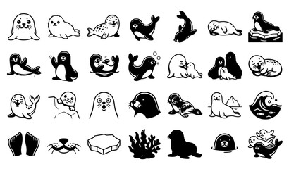 Obraz premium Adorable Baby Seal Puppy Marine Wildlife Vector Collection with Cute Ocean Animals Family and Playful Poses