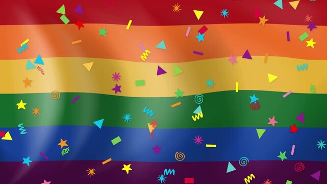 Falling Colorful Confetti Over Waving Rainbow Pride Flag Background