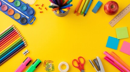 Obraz premium School supplies on yellow background. Back to school concept.. 