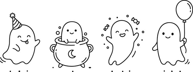 Fototapeta premium Cute kawaii ghost line art set for Halloween featuring cauldron balloon candies and party hat doodle vector illustration