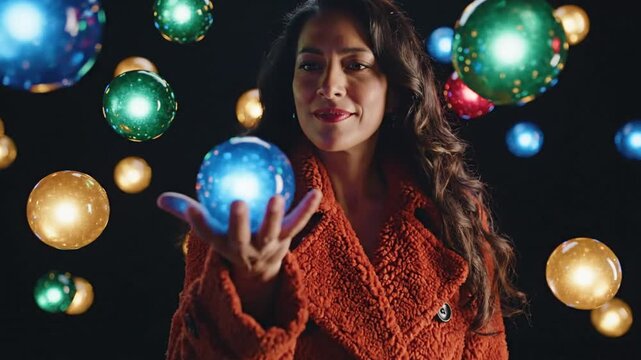 Portrait of woman in red coat with floating glowing spheres