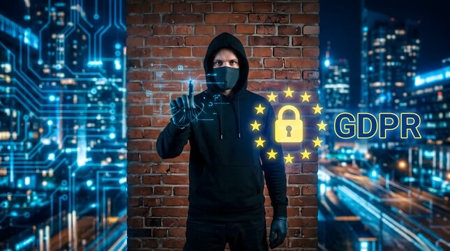 Anonymous hacker interacting with digital privacy interface with masked person touching digital security interface against city background vulnerability