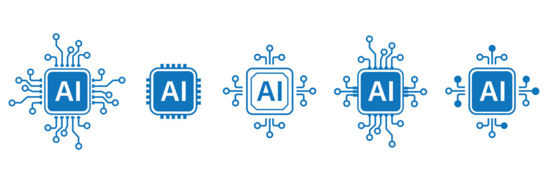 AI Chip Icons: A set of three distinct AI chip icons, showcasing the power and innovation of artificial intelligence technology. Representing the core of modern computing
