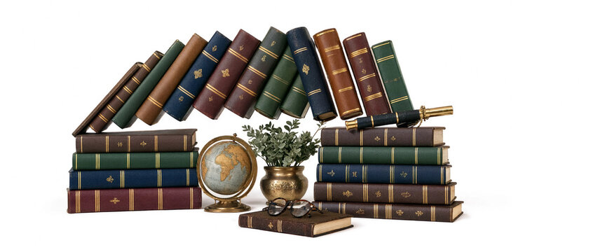 Stack of Antique Old Books on White Background Representing Library, Education, Literature, History and Vintage Knowledge Collection