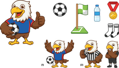 Cute Cartoon Soccer Eagle Mascot and Football Equipment Element Set © Kanok